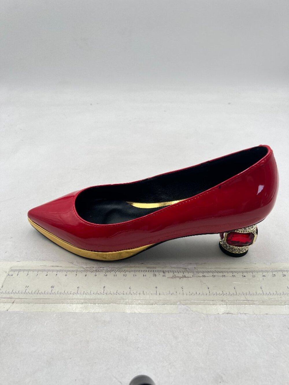 FSJ Red Bridal Pointed Toe Chunky Low Heel Crystal Pumps Gold Trim Slip on Shoes